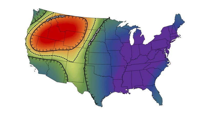 The area in red shows where wildfires are increasing summertime particulate matter spikes.