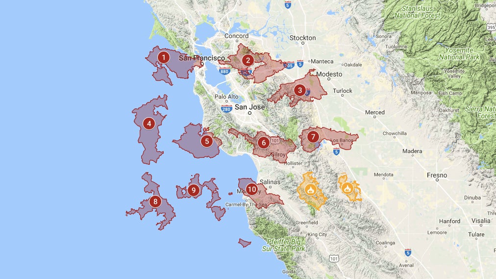 The 10 largest fires in California history, superimposed on a map of San Francisco for scale. 1. Mendocino Complex Fire. 2. Thomas Fire. 3. Cedar Fire. 4. Rush Fire. 5. Rim Fire. 6. Zaca Fire. 7. Matilja Fire. 8. Witch Fire. 9. Klamath Theatre Complex. 10. Marble Cone.