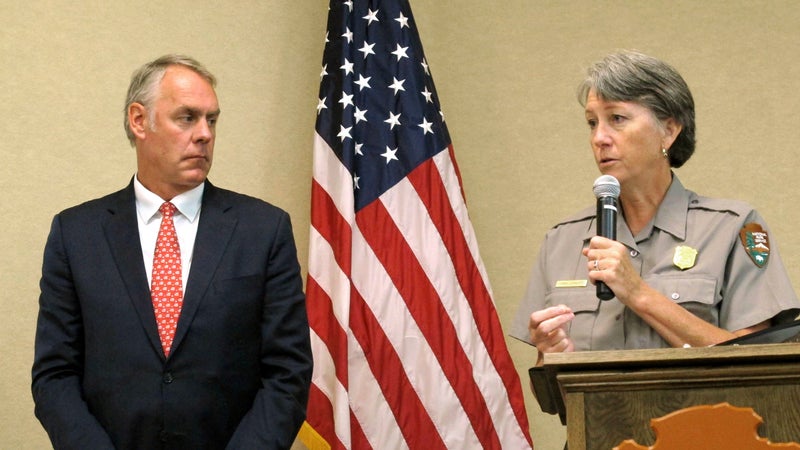 Interior Secretary Ryan Zinke, left, and Grand Canyon National Park Superintendent Chris Lehnertz address National Park Service employees.