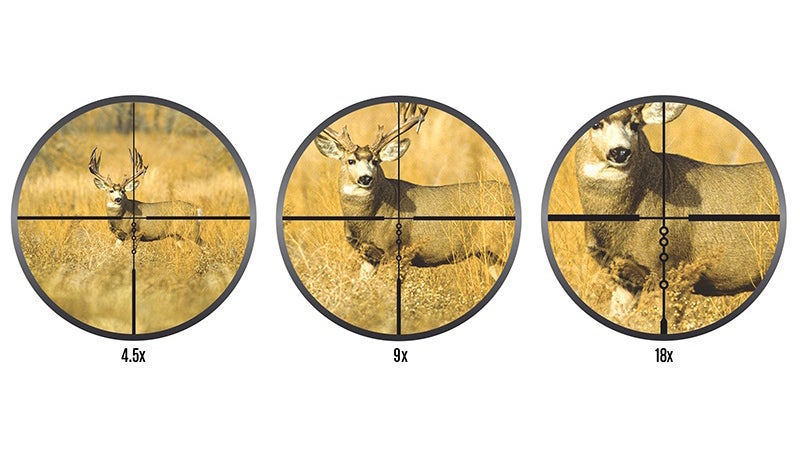 First focal plane reticles remain constant relative to the target. That means they're very small on low magnification (basically just a crosshair), then grow in visible size as you zoom. Plug your caliber and bullet weight into Nikon's smartphone app, and it'll kick out exact ranges for each of the bubbles below that crosshair, giving you accurate holdovers without needing to sight in for each distance.