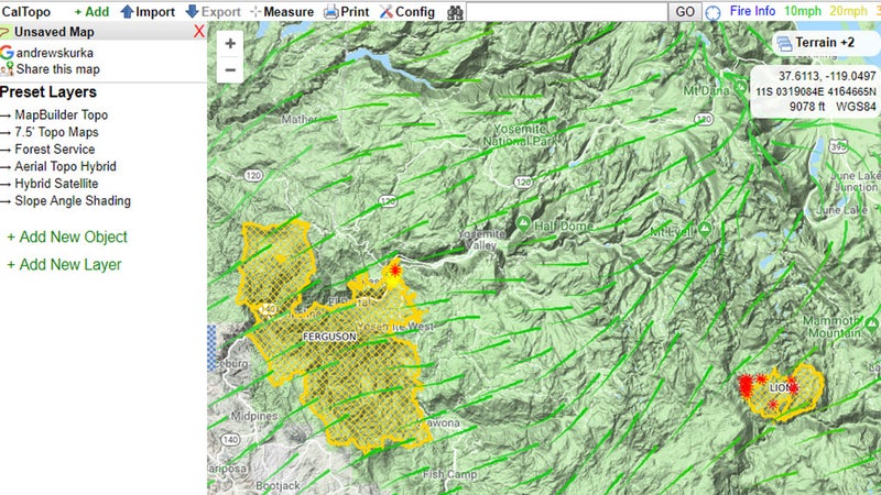 Screenshot from CalTopo, which can retrieve weather- and fire-related information from other sources. The current wind forecast suggests that smoke from the Ferguson Fire will continue to impact the upper Merced watershed and Tuolumne Meadows.