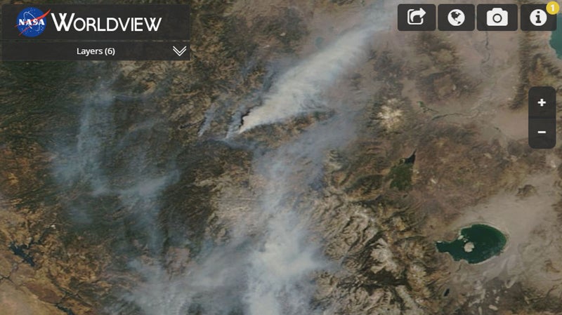 Screenshot from NASA Worldview, showing smoke from the Ferguson (south) and Donnell (north) fires, plus lingering smoke in the Central Valley.