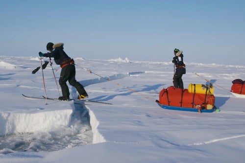 Day five brought open leads of water, the danger that Aston most feared. The strategy: the team crossed small leads and wended its way round the wide ones, carefully progressing from one frozen chunk of sea ice to another. No one fell in.