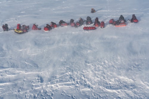 At 2:30 a.m., hunching against blowing snow and the howl of the chopper, the team is left on a crust of frozen Arctic Ocean huddled with what they鈥檒l need to survive for 12 days. It鈥檚 time to move鈥攕tanding around in these temperatures can be fatal. The team clicked into their bindings and strapped on harnesses as the MI8 chopper became tinier and tinier, disappearing into the frigid blue Arctic sky.