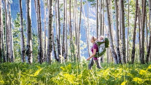 woman walking in the woods with the best baby carriers for hiking