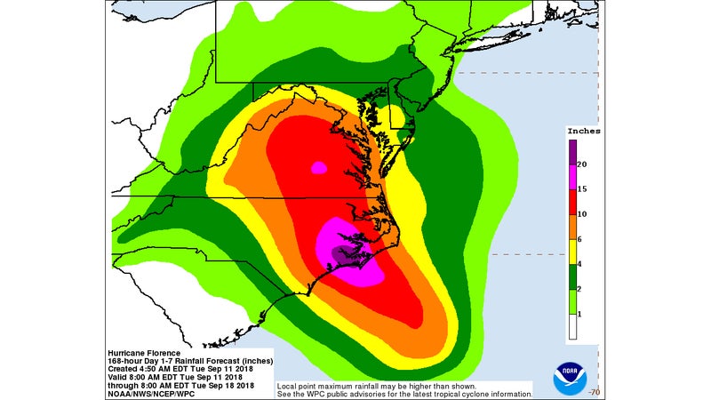 The slow-moving rain is predicted to dump vast quantities of rain in the Carolinas, and Virginia.
