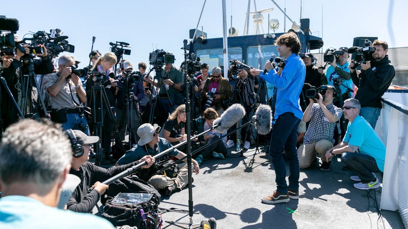 Boyan Slat talks to the press on the day of the System 001 launch.