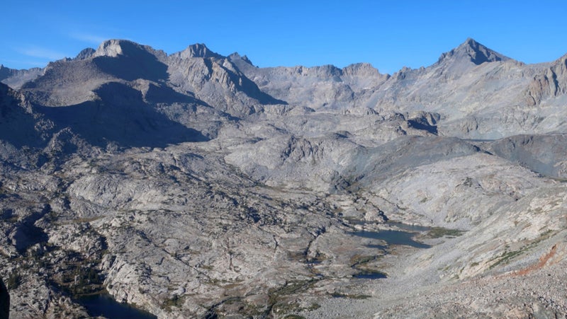 A rarely seen sight: the headwaters of the Lyell Fork of the Merced, as seen from Foerster Ridge Pass.