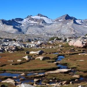 Mt. Lyell, the highest peak in Yosemite. Russell Pass, a hard Class 2 over the Cathedral Range, is the low spot on the far-right ridge, to the right of the small tower.