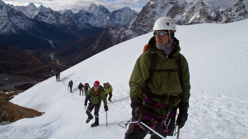 Sidles (front) and the author (behind) nearing the summit of Lobuche East in Nepal in 2010.