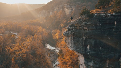 The 37-mile western segment of the Buffalo River Trail, in Arkansas, weaves along both the riverbed and clifftops of Buffalo National River.