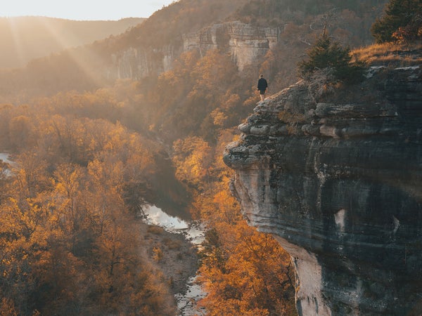 The 37-mile western segment of the Buffalo River Trail, in Arkansas, weaves along both the riverbed and clifftops of Buffalo National River.