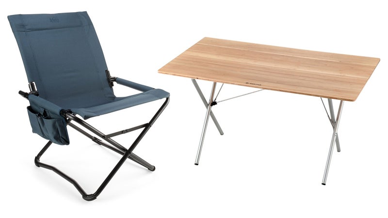 blue camp chair and wooden table