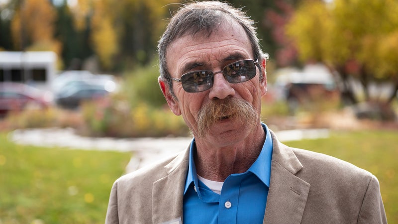 Kerry White, a Republican member of the Montana legislature, talks to reporters outside of the This West is OUR West event.