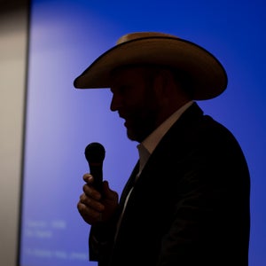 Ammon Bundy delivers his remarks at the New Code of the West event.