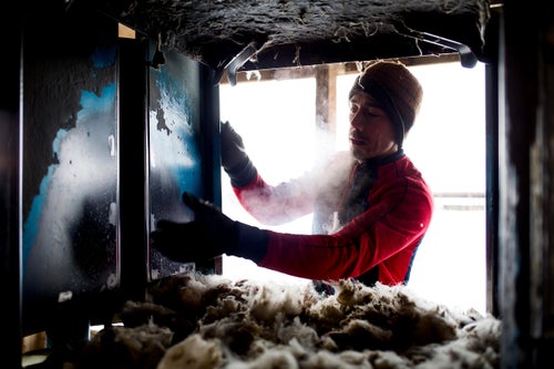 Ruben Silva loads wool into a packing machine in Mabton, Wash. The wool is then shipped off, checked for quality and eventually sold at auction. From there the wool gets cleaned and sold to several sock mills or yarn companies along the East Coast. Today companies like Sockwell, Farm to Feet, Woolrich, Patagonia, FITS, Darn Tough, and other outdoor sock companies all either knit their own socks or have them knitted by hosiery mills along the East Coast. So many outdoor performance socks come from these mills on the east coast that Smartwool's product line manager Robert Thomas, called the area
