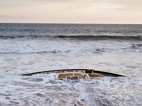 The boat’s final resting place on the beach outside La Cigüeña, Mexico