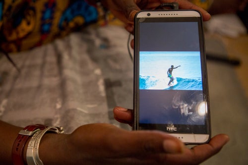 Sambe shares a photo of one of her first fans: her uncle Kouka, who encouraged her to surf when she was a teenager. After a video of Sambe showed up on the local news in California in September, she became an overnight sensation. Hundreds of people saw it on Facebook in Senegal and around the world. Harper says donations poured in, raising funds for an upcoming trip to compete in Japan (they ended up not being able to make it due to immigration complications). Even a month later, Harper says she gets about ten calls a day from Senegal. Sambe received hundreds of Facebook friend requests from fans back home. 鈥淪he鈥檚 a newfound celebrity,鈥 said Harper. 鈥淪he鈥檚 going to be larger than life when she goes back.鈥