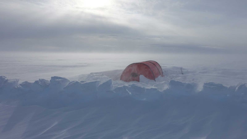 August 2018: O'Brady's tent on expedition, crossing the 400 mile Greenland icecap in preparation and training for the Antarctica crossing.