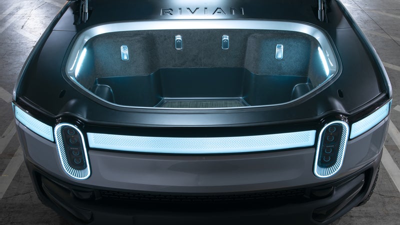 Without the need to haul around a big internal combustion engine, the Rivian's under-hood area is transformed into a frunk.