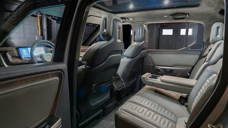 In another concept car touch, Rivian says its interiors can be hosed clean. Borrowing a leaf from Jonathan Ward's playbook, floormats are indestructible chilewich.