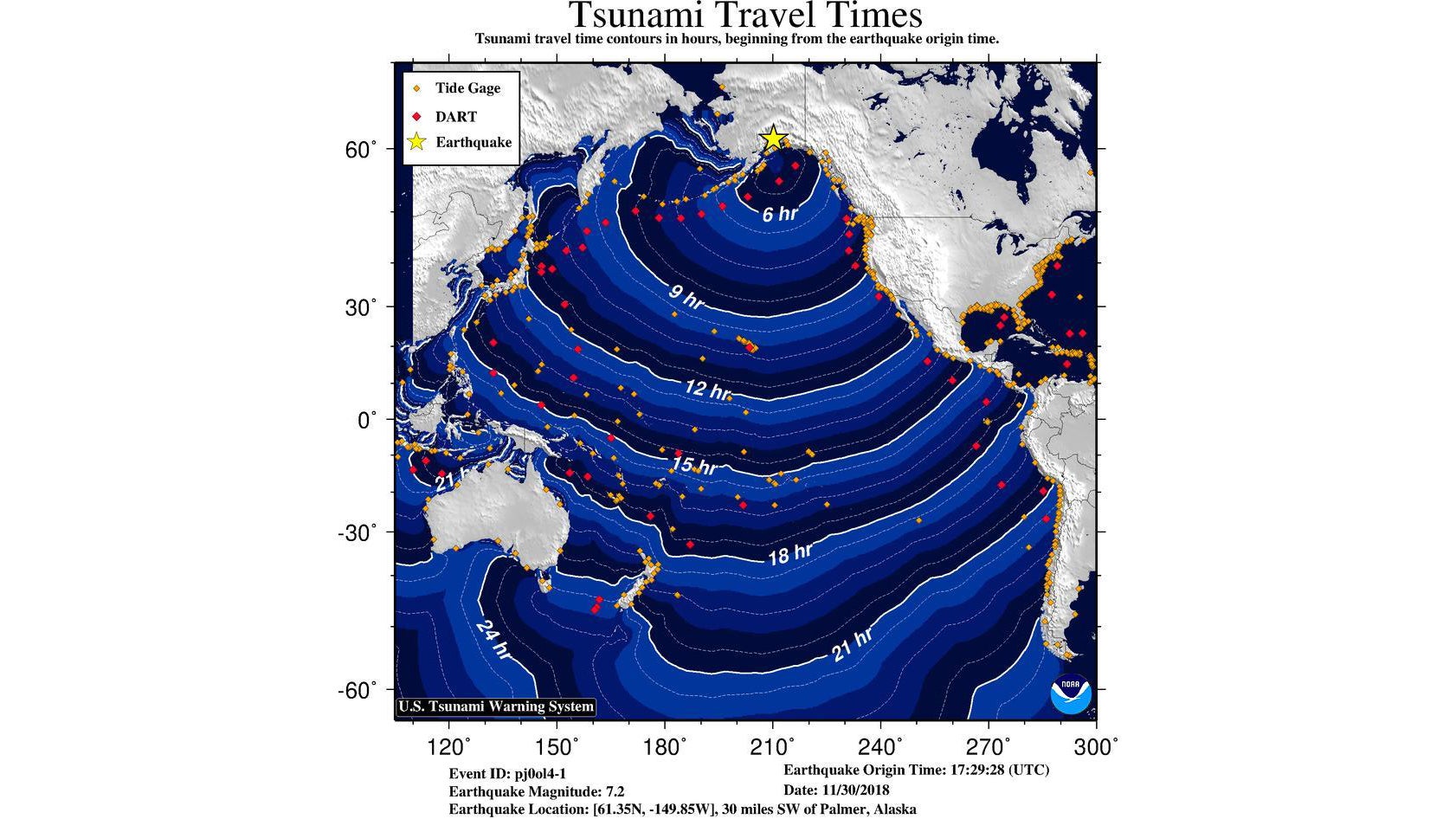 Tsunami travel times from the quake's epicenter. 