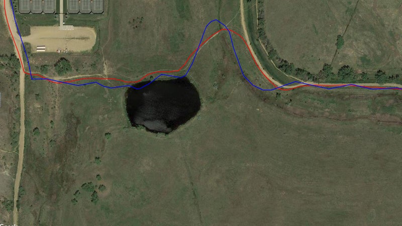 A satellite view of a recent run that I recorded with the Suunto 9 (blue, set to 60-second pings) and Ambit3 Peak (red, set to five-second pings). The Ambit3 records a more accurate track, but the Suunto 9 is never too far off despite grabbing its GPS location only about four times in this image.