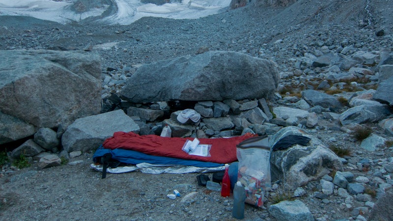 At this established camp at the foot of the Dinwoody Glacier, I should have known that rodents could be an issue and either hung my food or used a rodent-resistant sack. Instead, one chewed a small hole in my Opsak food bag.