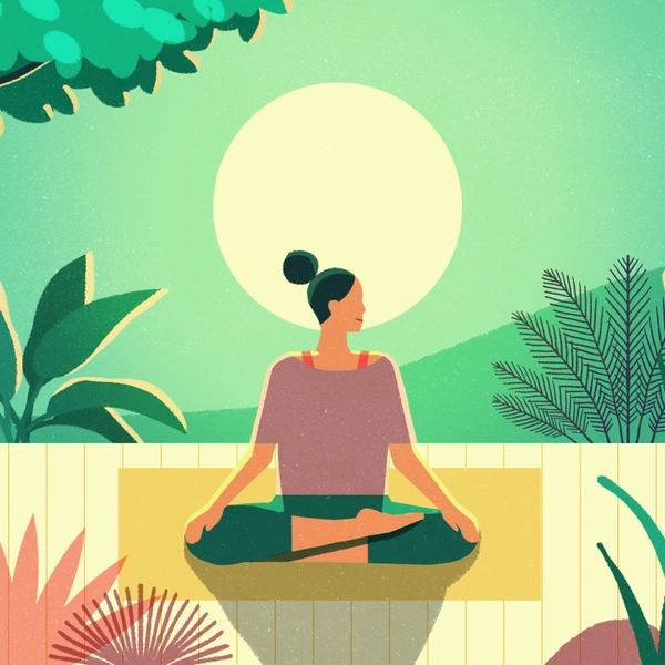 An illustration of a woman sitting outside in the lotus pose under the bright sun. Is sunscreen bad for you?