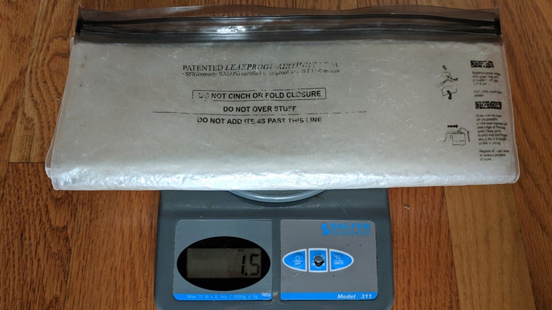One 12-by-20-inch bag weighs 1.5 ounces and holds about five days’ worth of food.
