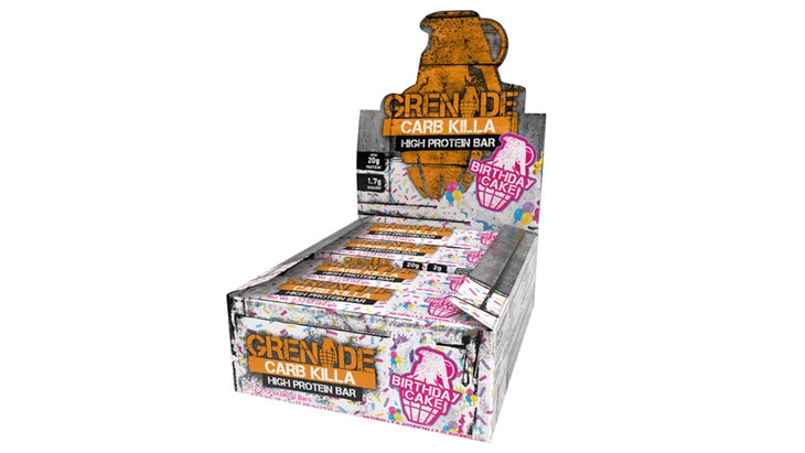 a box of Grenade Carb Killa protein bars in the birthday cake flavor