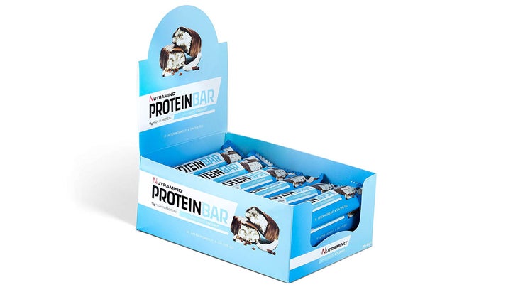 A full blue box of Nutramino protein bars in sweet coconut flavor