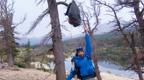 A sub-par bear bag belonging to a commercial group in Rocky Mountain National Park. The park now requires hard-sided canisters.