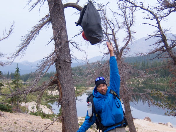 A sub-par bear bag belonging to a commercial group in Rocky Mountain National Park. The park now requires hard-sided canisters.