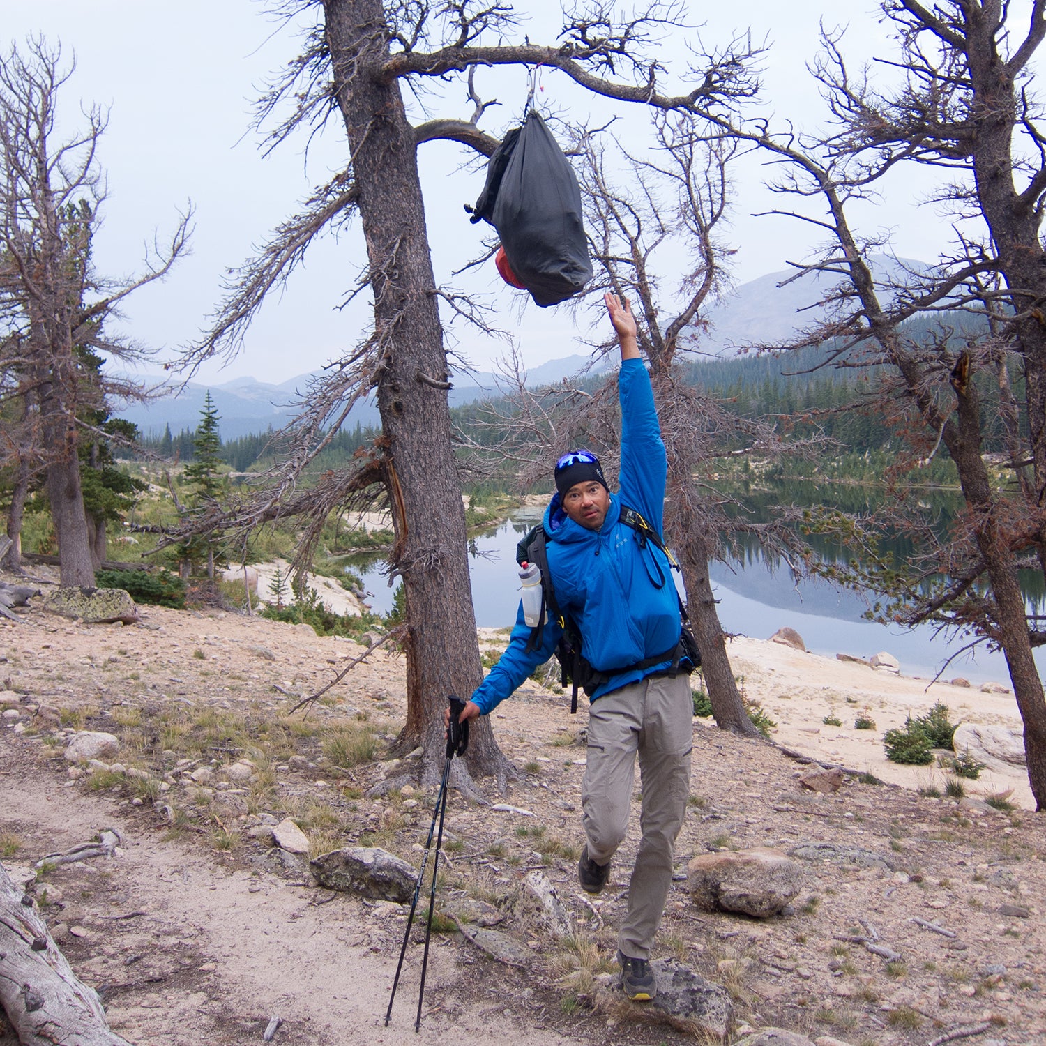 A sub-par bear bag belonging to a commercial group in Rocky Mountain National Park. The park now requires hard-sided canisters.