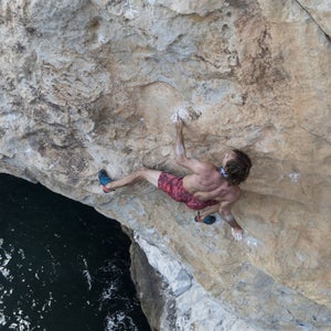 Chris Sharma climbing in Dibba, Oman on December 8, 2017 during the Red Bull Psicobloc 2017.