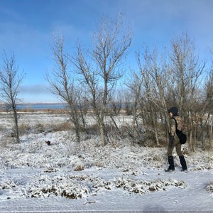 A woman walking in the snow with the Bandolero Hawking Bag.