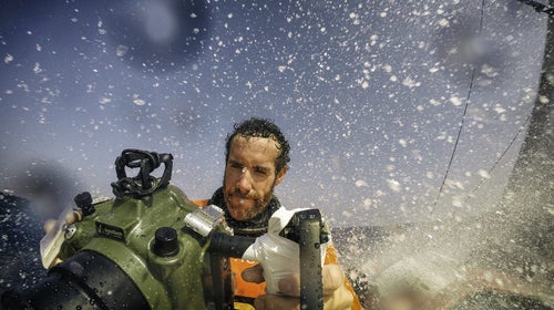 January 12, 2015. Leg 3 onboard Team Alvimedica. Day 9. Nearing the inlet between Sri Lanka and India, winds accelerate through the gap providing the fleet with a rare day of heavy-air sailing, a welcome change from the light winds that have dominated the leg. OBR Amory Ross behind the camera.