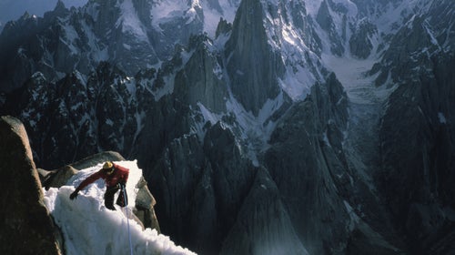Alex Lowe on the summit ridge of Great Trango Tower. A few minutes after this photo was taken, while leading the next pitch, he slipped and fell about 50 feet down the backside of this ridge.