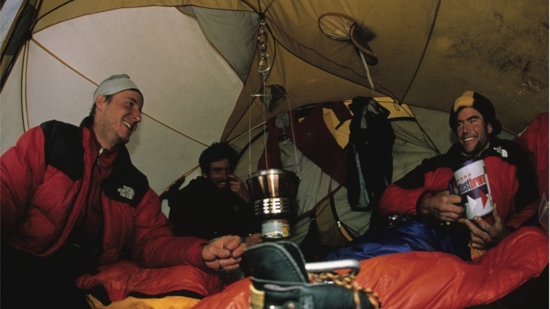 From left to right: Jared Ogden, the author, and Lowe camped at the base of the headwall after a harrowing descent in a storm.