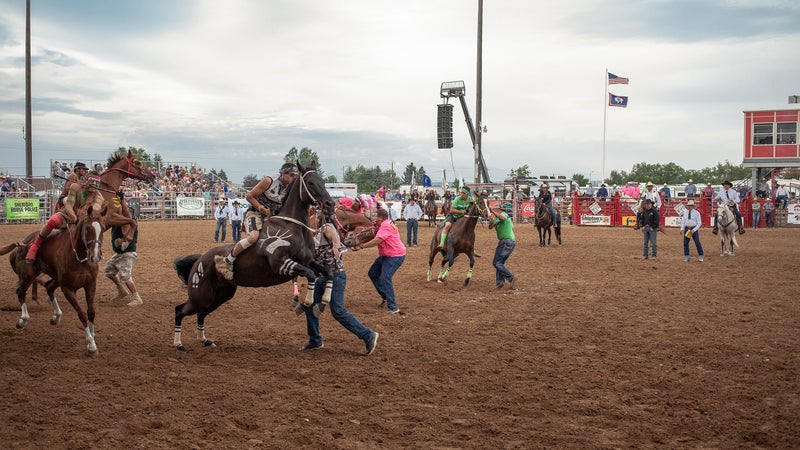 Race action during the Indian relay world championship in Sheridan, Wyoming