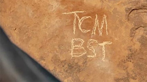 Vandalism scratched into Moab's famous red rock by a member of the @TacomaBeast collective.