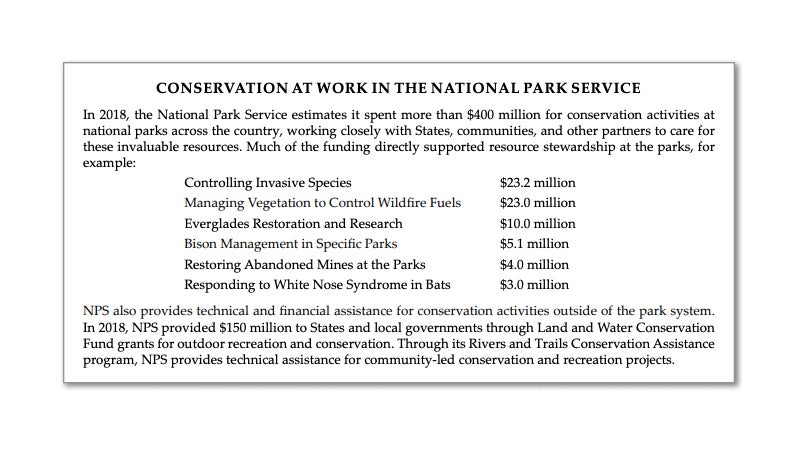 The proposed budget contains a lot of language like this, celebrating the importance and achievements of the various DOI bureau's, including the National Park Service.