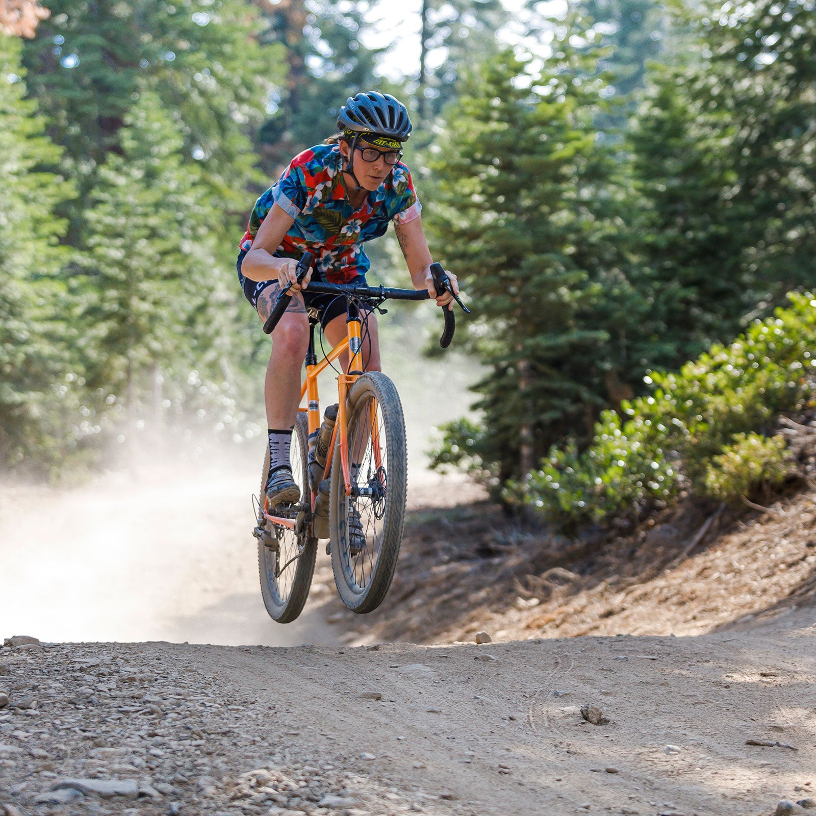 Riding a mountain bike store on pavement