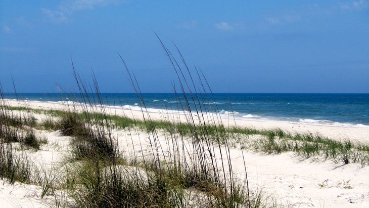 white sandy beach with blue sky