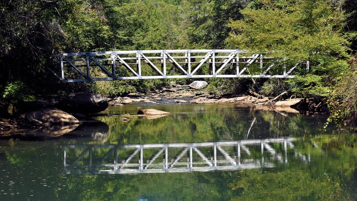 silver bridge over green water in the woods