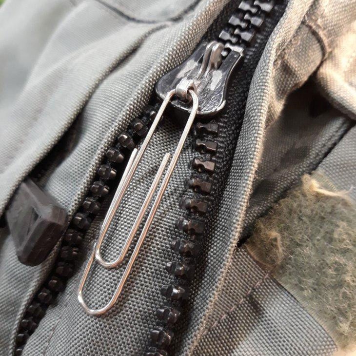 close-up of a zipper replaced with a paper clip