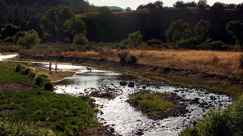 A dog plays in the Gila River as two people look on. The  river's flow is lower than usual, and the snowpack feeding it is expected to be gone by mid-century.