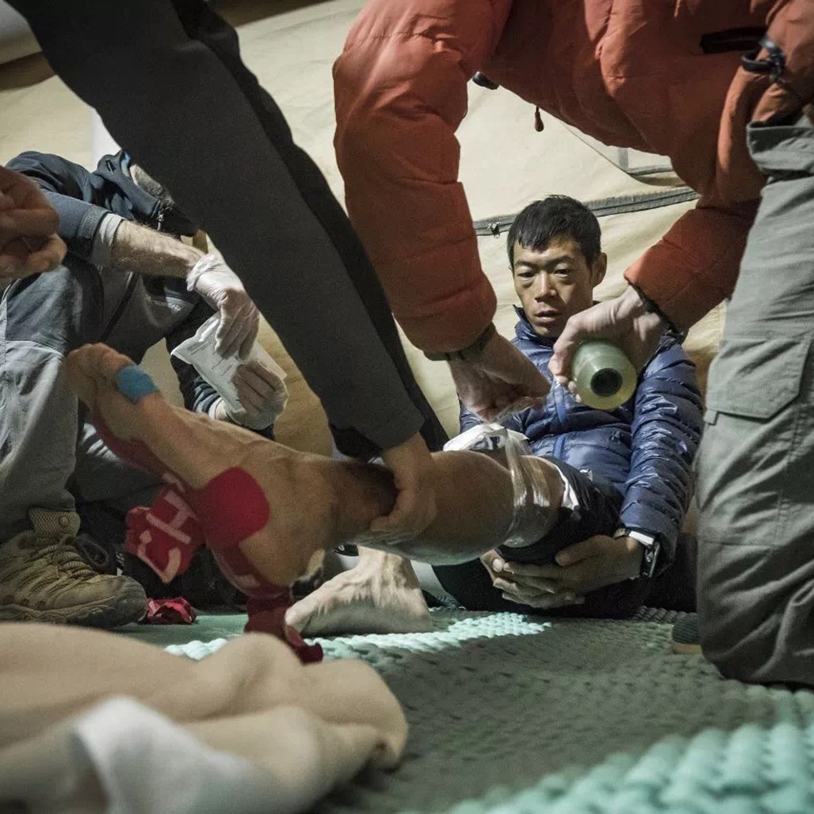 A runner gets treatment during the 2017 Ultra Gobi.