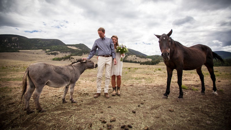 Pam and Mike on their wedding day, with ranch pals Isaac (left) and Deseo